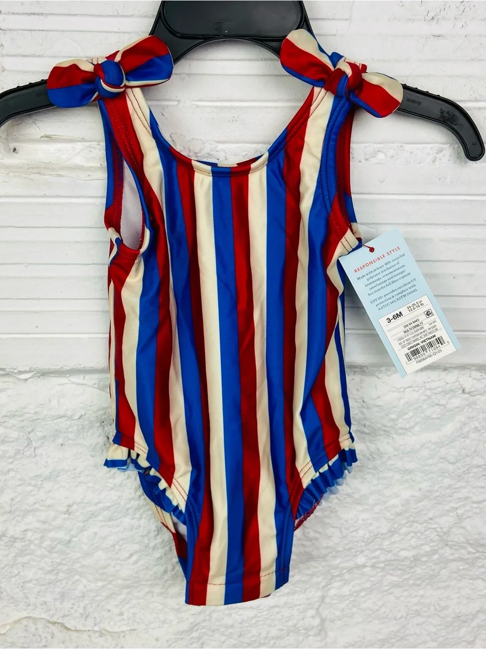 NWT cat & jack bow Striped Red, Blue & Cream One-Piece Swimsuit size 3-6 months